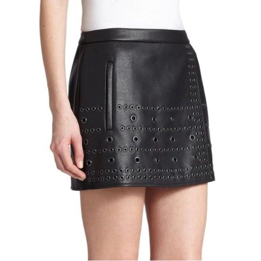 BCBG Remi overlapping faux leather eyelet skirt